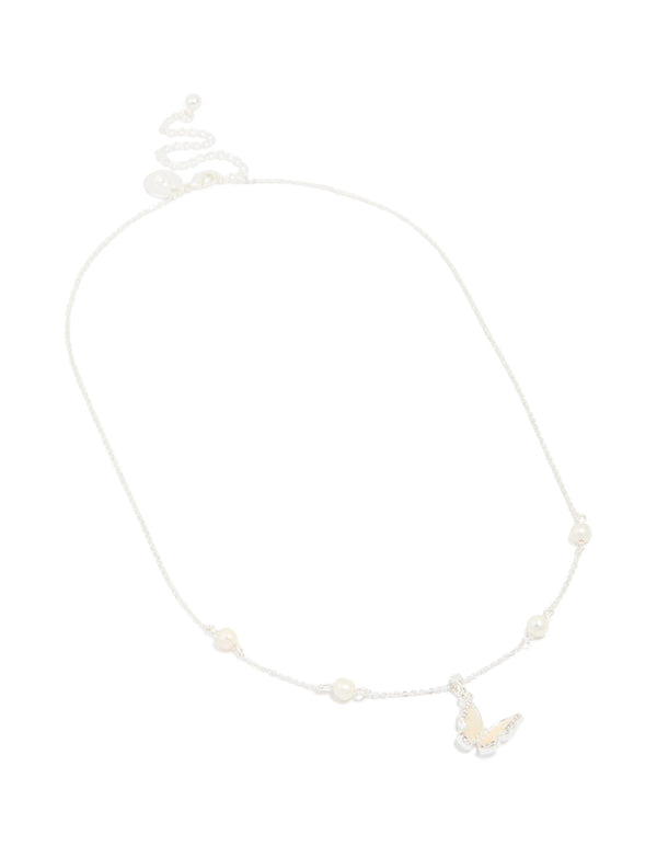 Silver Plated Cubic Zirconia Pearl Butterfly Necklace