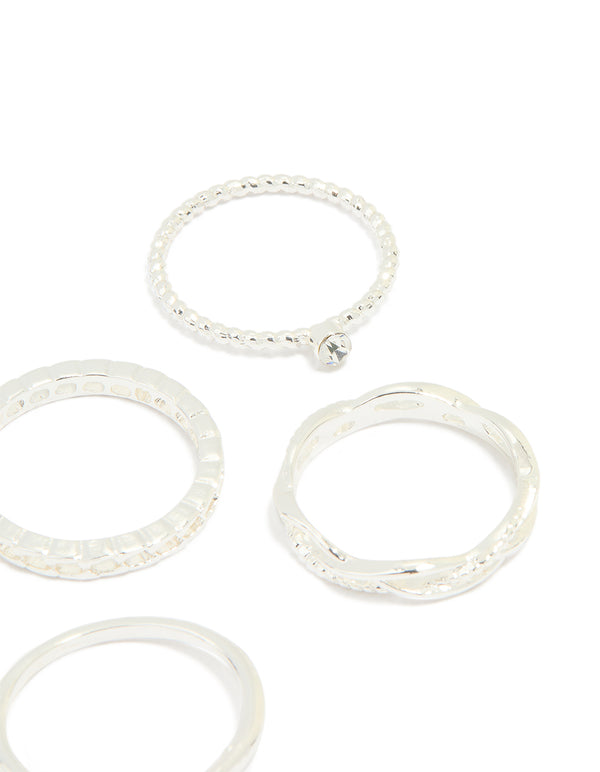 Silver Plated Diamante Twist & Dip Rings 6-Pack