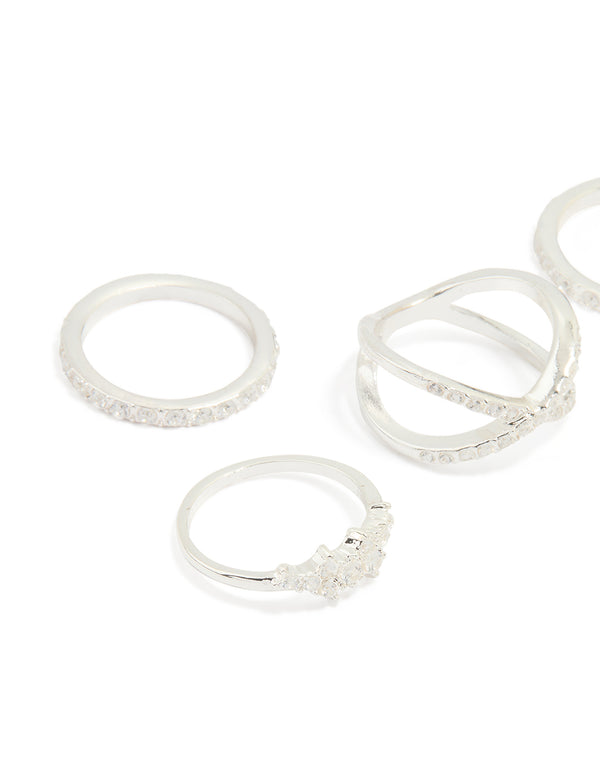 Silver Plated Mixed Diamante Cross Rings 5-Pack
