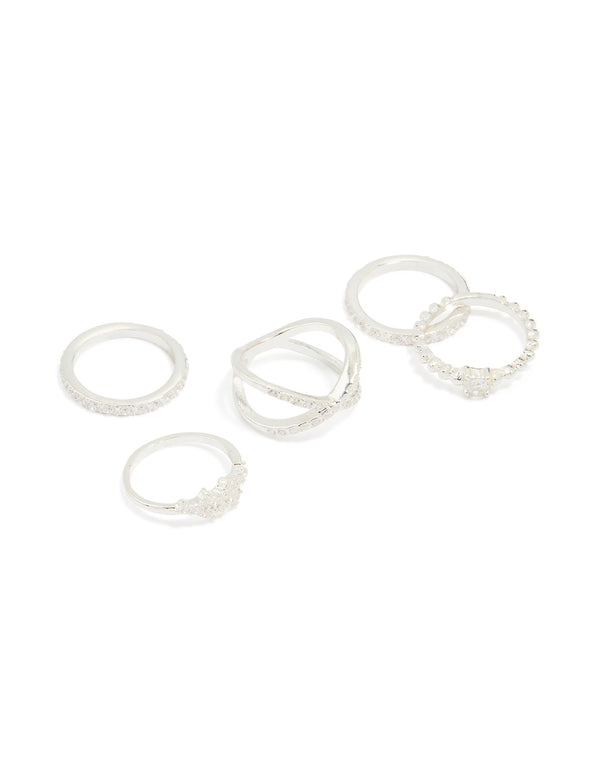 Silver Plated Mixed Diamante Cross Rings 5-Pack