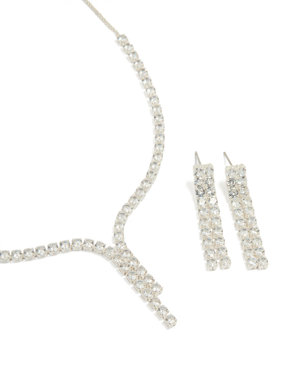 Silver Cubic Zirconia Y-Necklace & Cup Chain Earrings Set