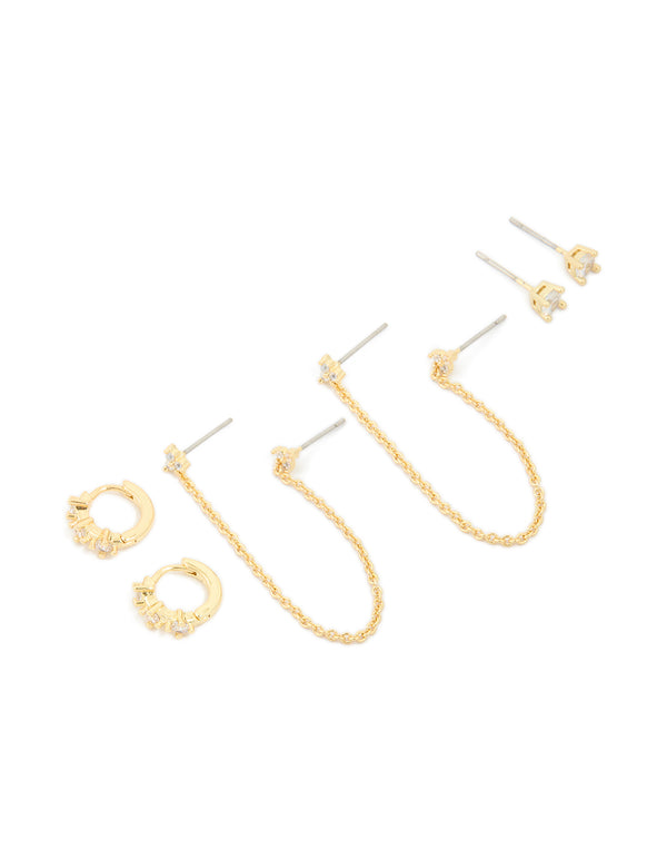 Gold Plated Round Cubic Zirconia Mixed Earrings 4-Pack