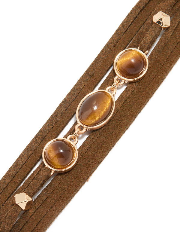 Gold Suede Brown Bead Multi Strand Boho Bracelet
