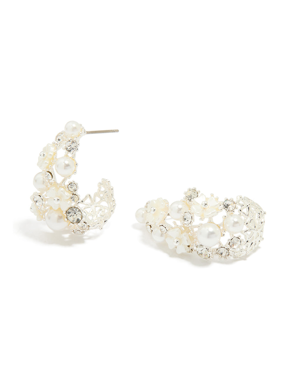 Silver Plated Diamante & Pearl Flower Hoop Earrings
