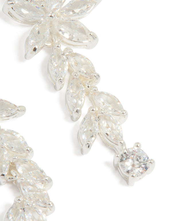 Highlighting the intricate silver plated cubic zirconia medium flower vine drop earrings with leaf detailing post detail view