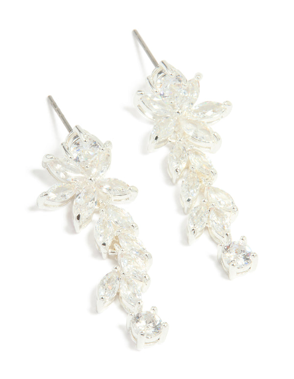 Silver Plated Cubic Zirconia Medium Flower Vine Drop Earrings