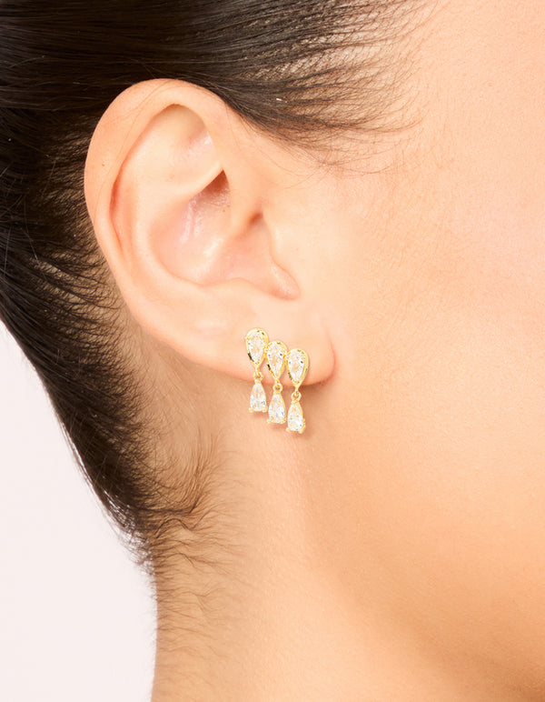 Gold Plated Cubic Zirconia Pear Trio Drop Earrings