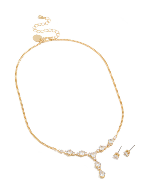 Gold Plated Cubic Zirconia Oval Lariat Necklace & Earrings Set