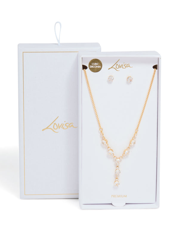 Gold Plated Cubic Zirconia Oval Lariat Necklace & Earrings Set