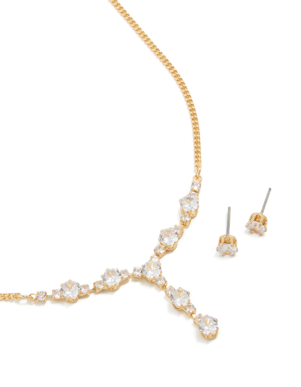 Gold Plated Cubic Zirconia Oval Lariat Necklace & Earrings Set