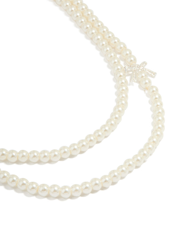 Silver Plated Pearl Strand Bow Layered Necklace