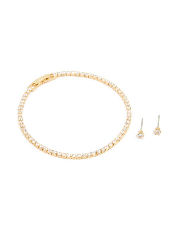 Gold Plated Small Cubic Zirconia Baguette Tennis Bracelet & Earrings Set