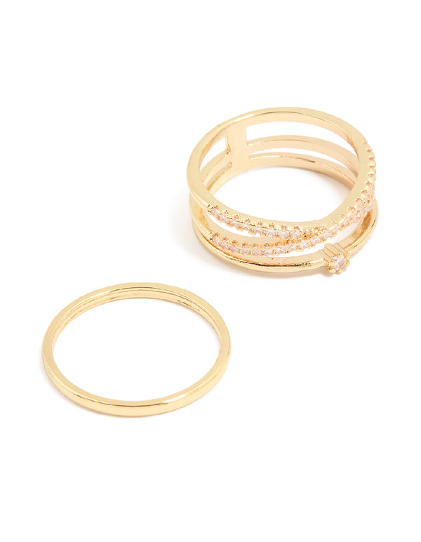 Gold Plated Cubic Zirconia Plain & Evil Eye Rings 4-Pack