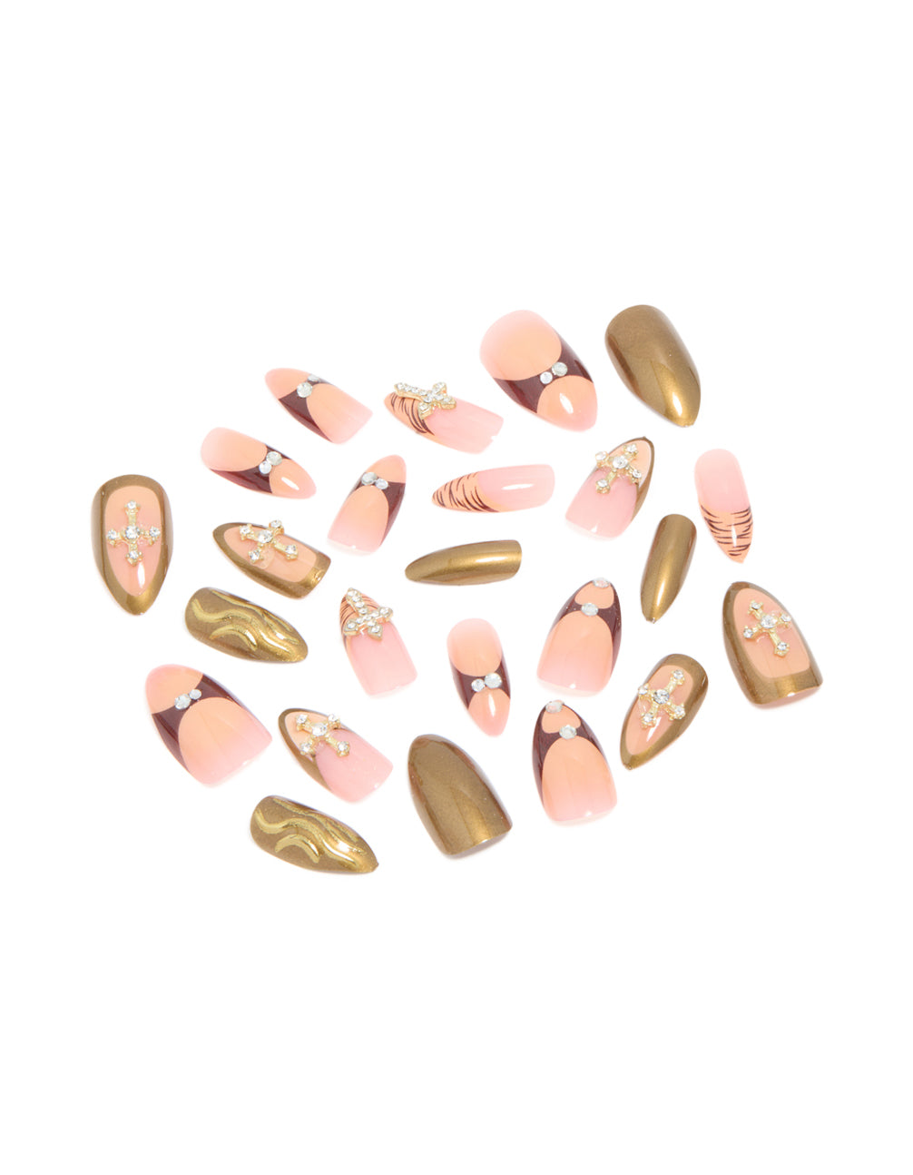 Gold & Pink Diamante Cross Nail Press On Nail Set