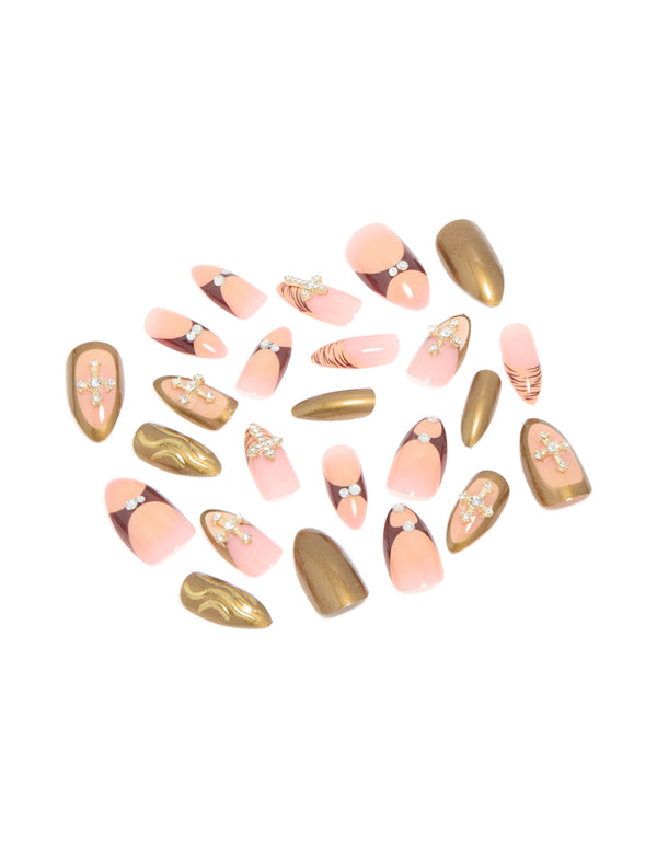 Gold & Pink Diamante Cross Nail Press On Nail Set