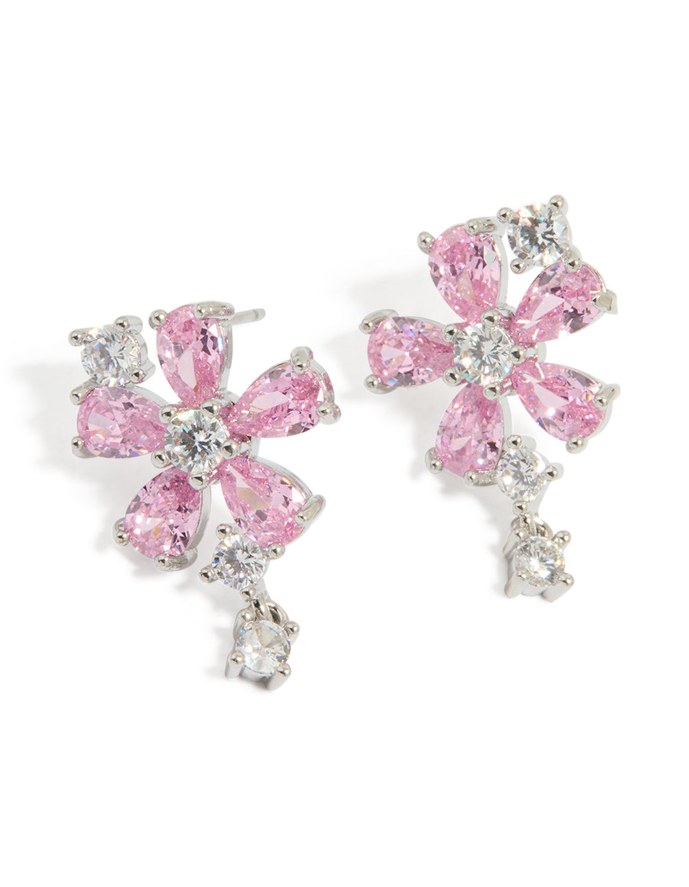 Silver Pink Cubic Zirconia Flower Stud Earrings