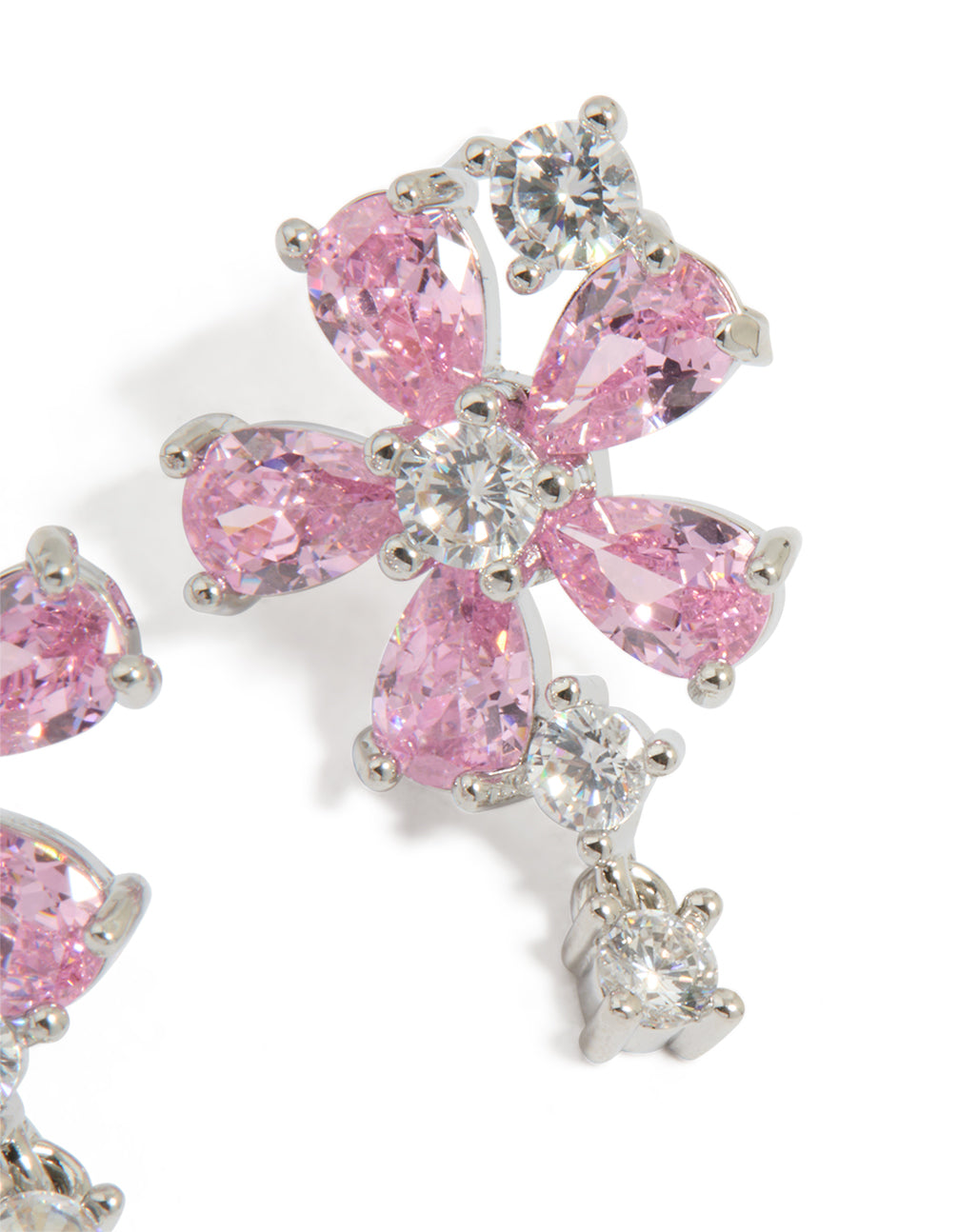 Silver Pink Cubic Zirconia Flower Stud Earrings