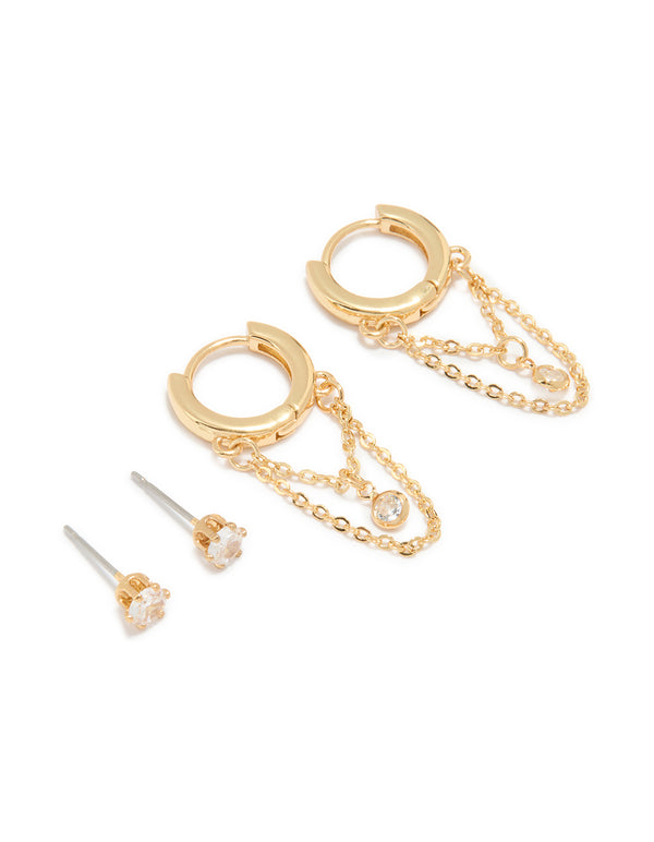 Gold Plated Cubic Zirconia Huggie Chain & Stud Earrings 2-Pack