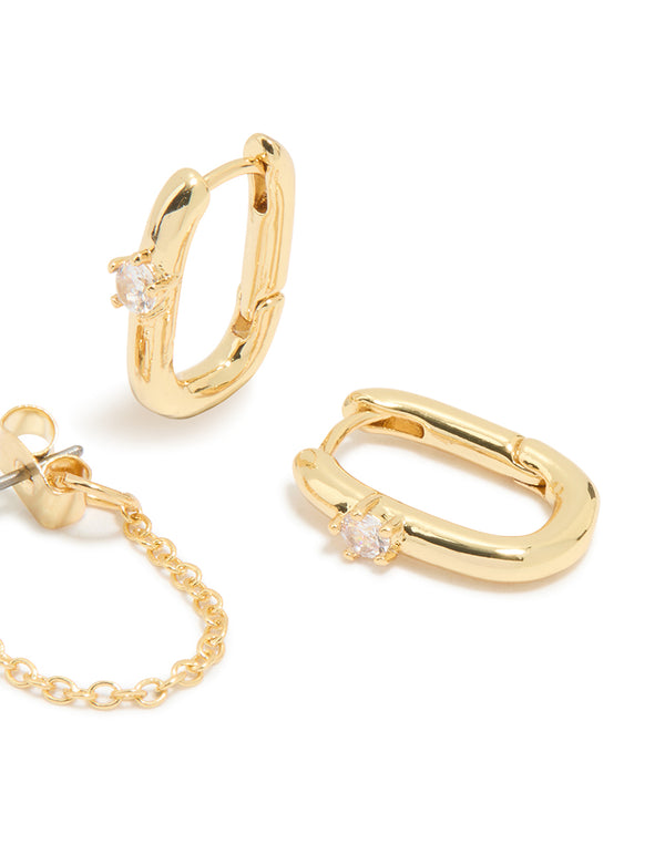Gold Plated Cubic Zirconia Chain Stud & Huggie Earrings 2-Pack