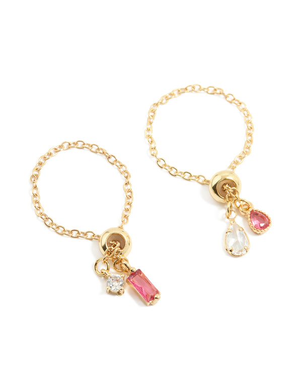 Gold Pink & Clear Cubic Zirconia Adjustable Chain Rings 2-Pack