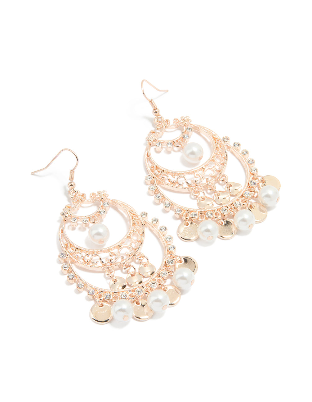 Rose Gold Pearl Diamante Cut Out Patterned Drop Earrings