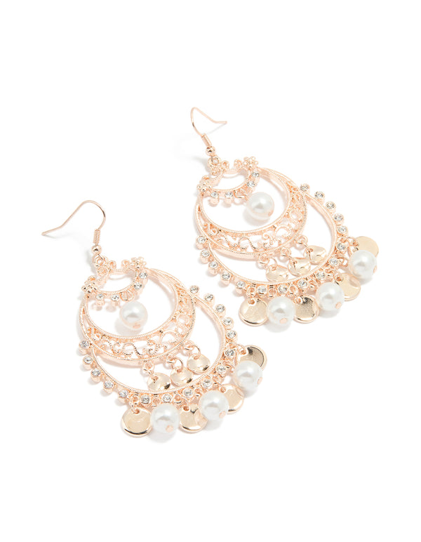 Rose Gold Pearl Diamante Cut Out Patterned Drop Earrings