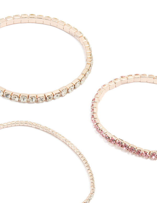 Rose Gold Pink & Clear Diamante Cup Chain Stretch Bracelets 5-Pack