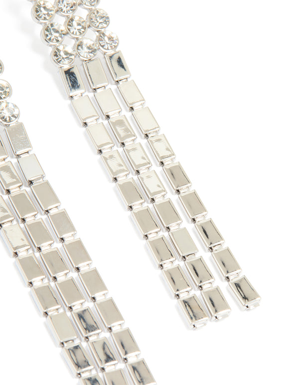 Silver Round Diamante & Chain Drop Earrings