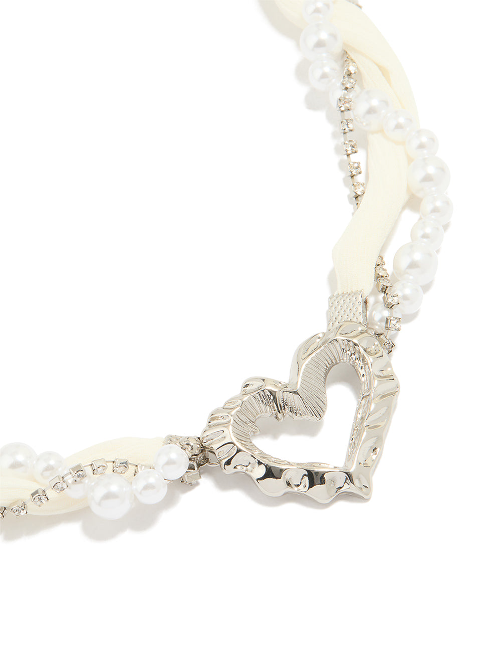 Silver Fabric Pearl Heart Pendant Necklace
