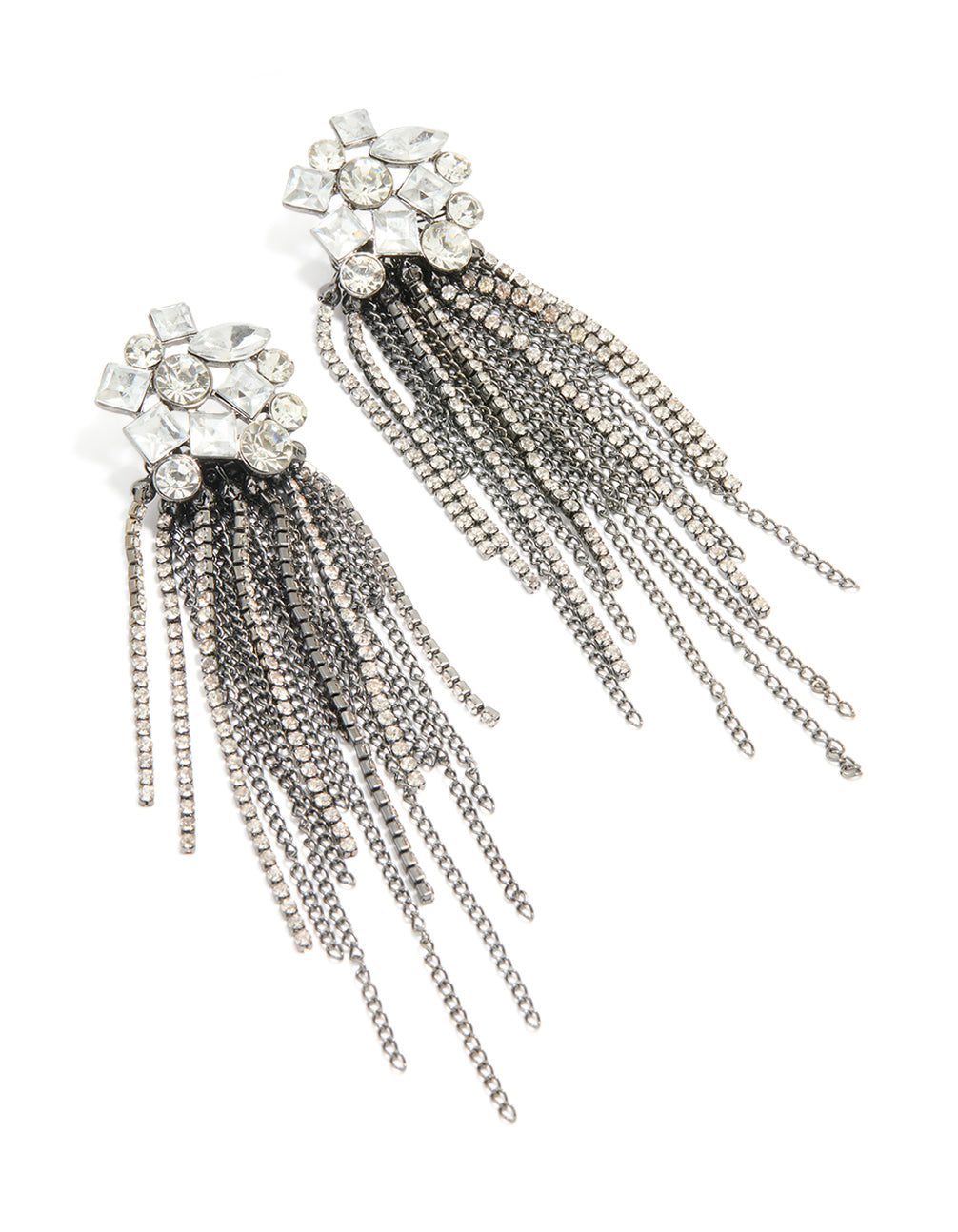 Gunmetal Diamante Organic Cut Fringe Earrings