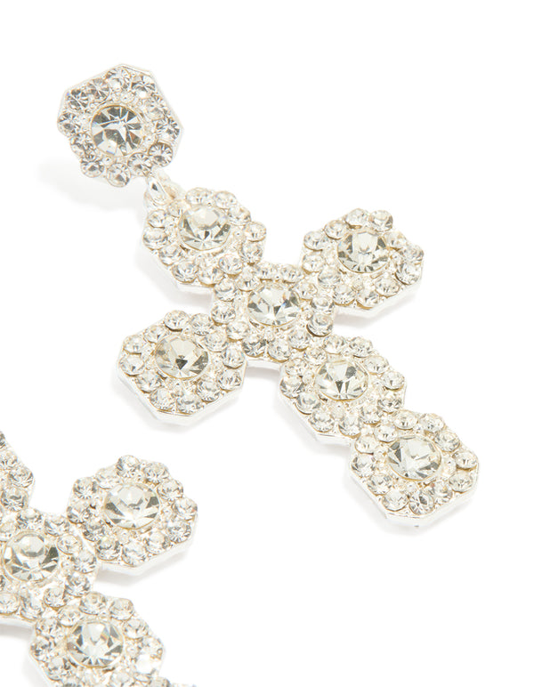 Silver Diamante Cross Drop Stud Earrings