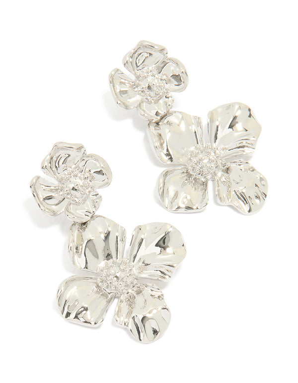 Silver Statement Flower Drop Earrings