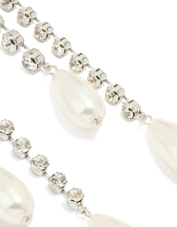 Silver Diamante Pearl Chain Drop Earrings