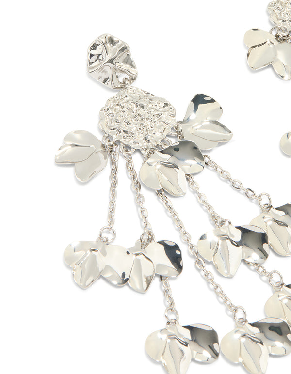 Silver Flower Chain Drop Organic Earrings
