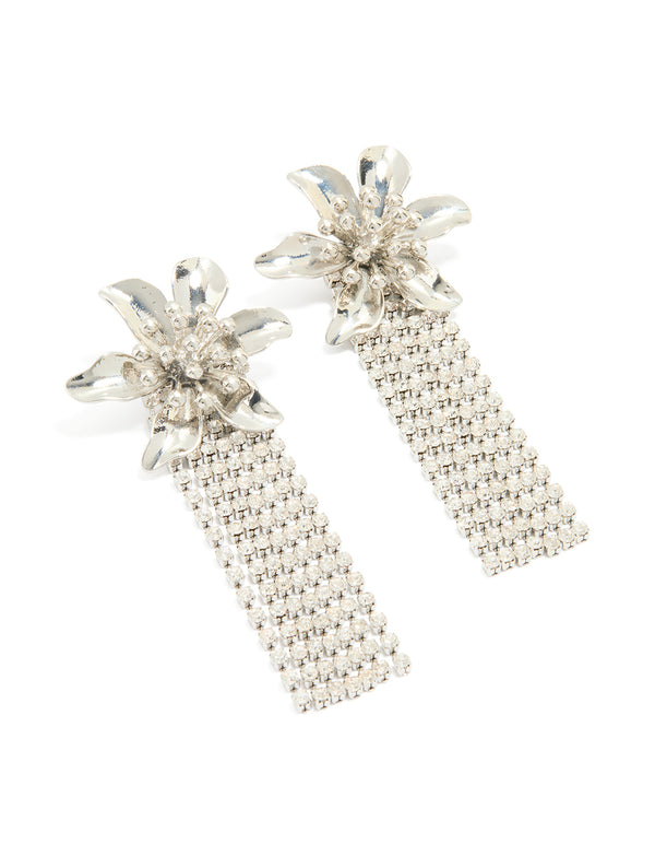Silver Diamante Flower Drop Fringe Earrings