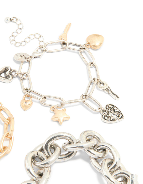 Mixed Metal Chain & Charm Bracelets 3-Pack
