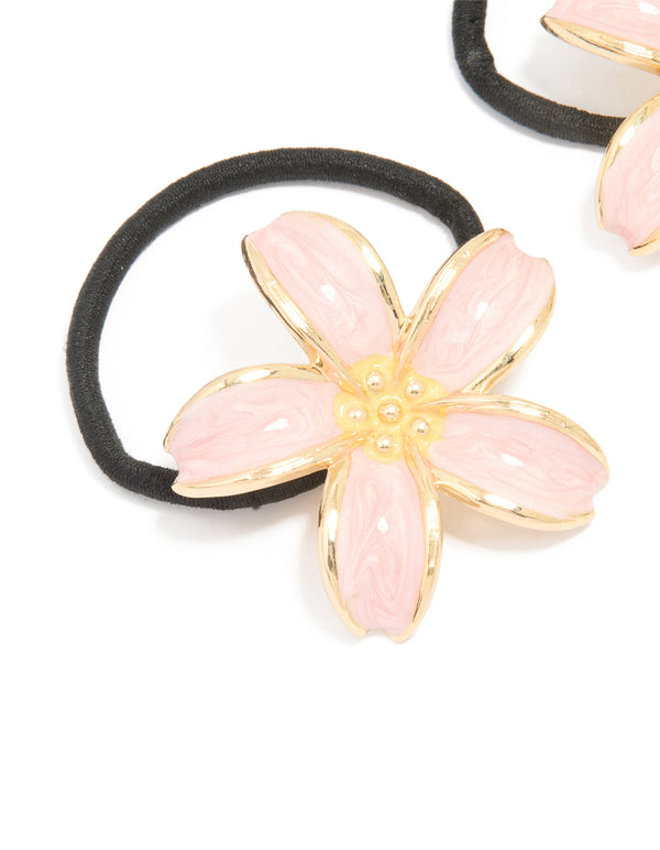 Gold Pink Enamel Flower Hair Ties 2-Pack