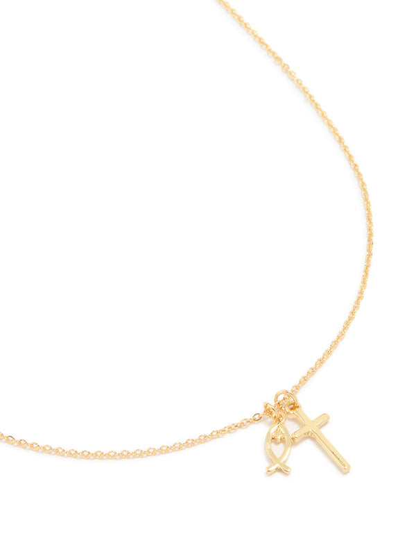 Gold Plated Cross & Fish Pendant Necklace
