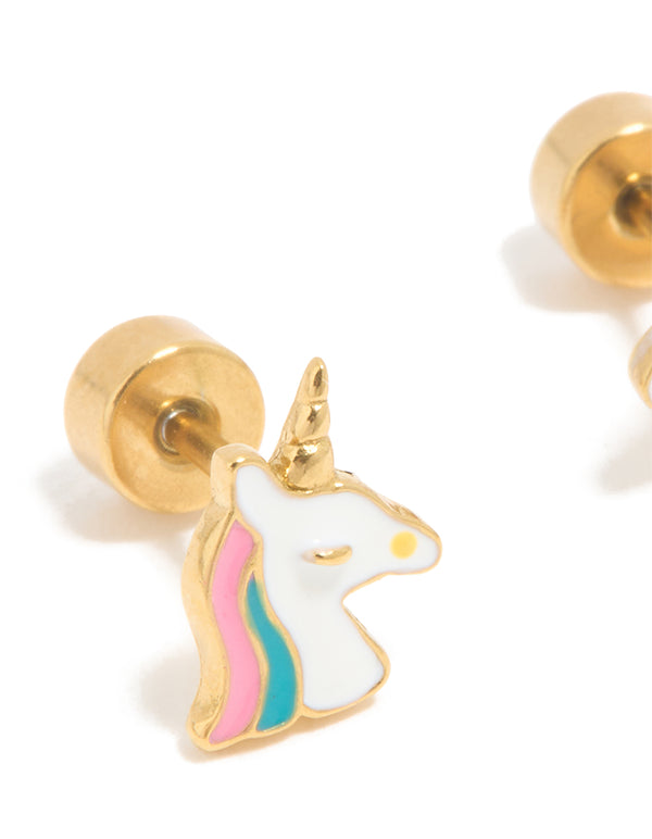 Kids Gold Plated Surgical Steel Unicorn Flat Back Earrings