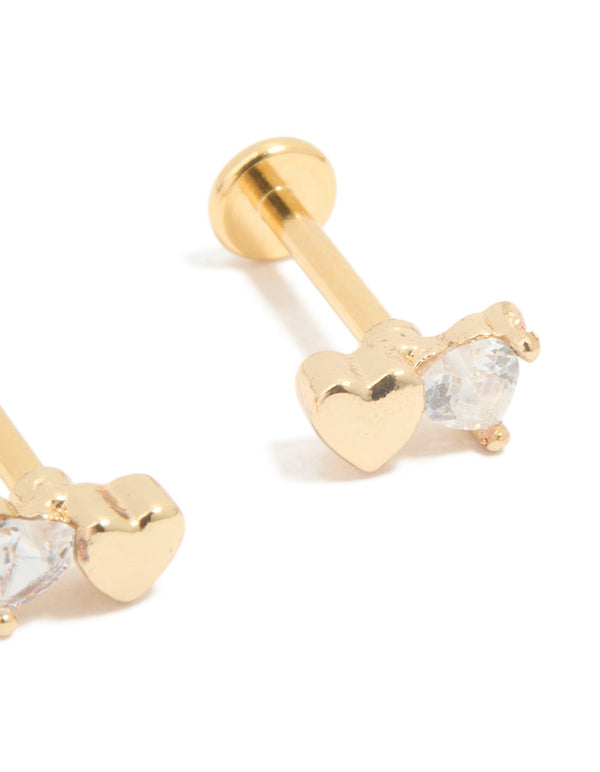 Kids Gold Plated Surgical Steel Cubic Zirconia Heart Flat Back Earrings