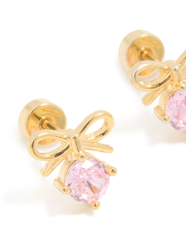 Kids Gold Plated Surgical Steel Pink Cubic Zirconia Bow Flat Back Earrings