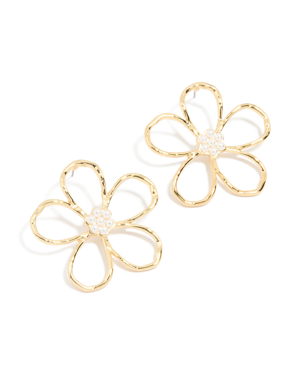 Gold Plated Pearl Flower Cut Out Textured Earrings