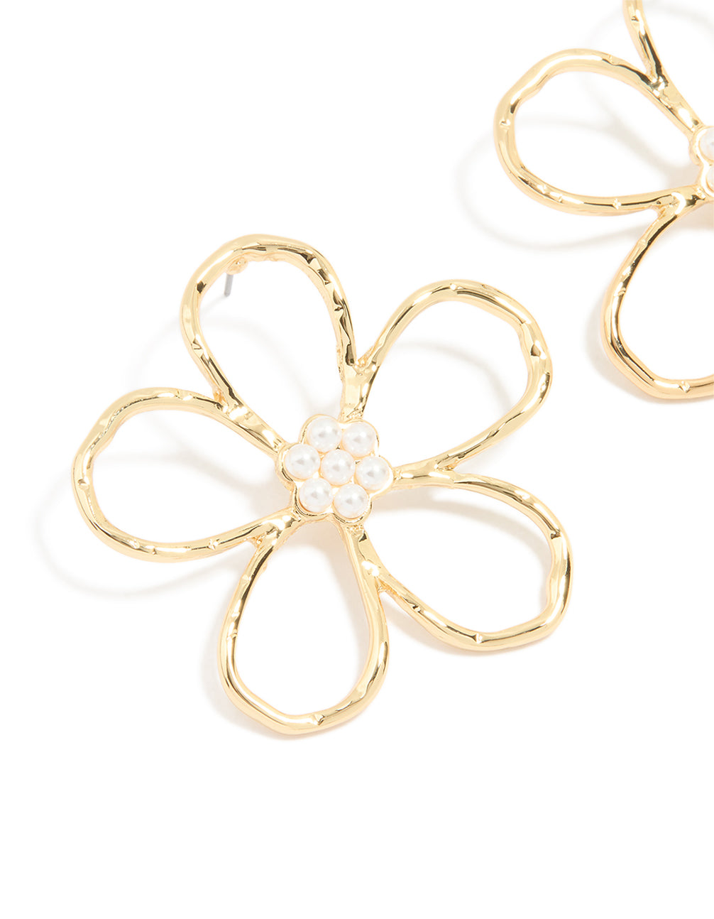 Gold Plated Pearl Flower Cut Out Textured Earrings