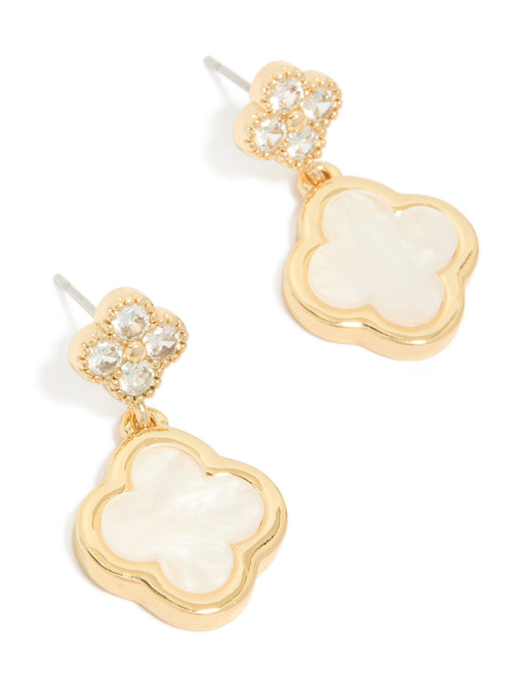 Showcasing gold plated cubic zirconia drop earrings featuring double floral design with ivory and clear stone accents front view