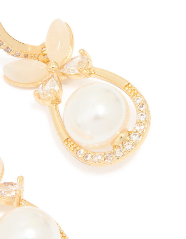 Gold Plated Cubic Zirconia Pearl Butterfly Oval Hook Earrings