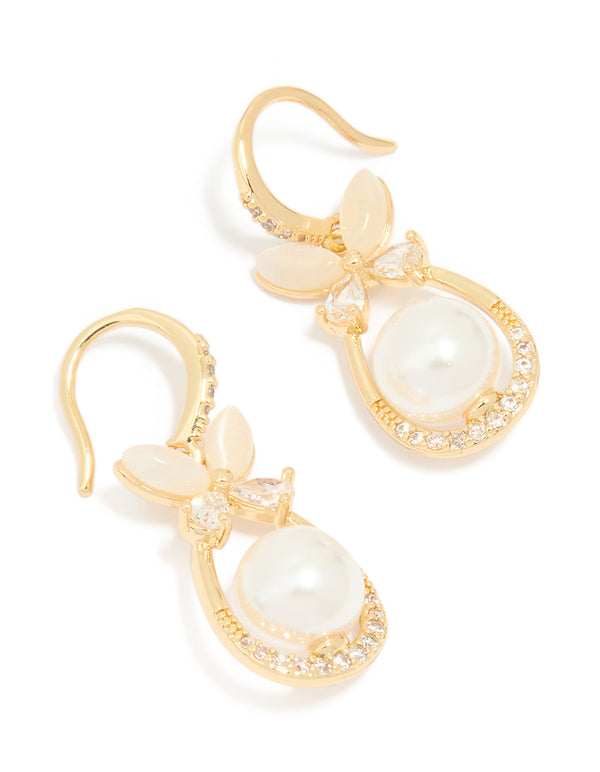 Gold Plated Cubic Zirconia Pearl Butterfly Oval Hook Earrings