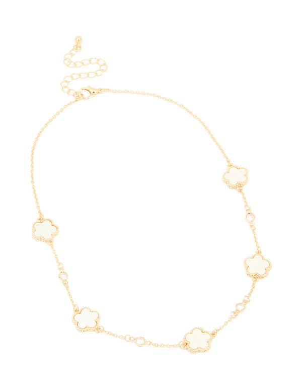 Gold Plated Cubic Zirconia Flower Station Necklace