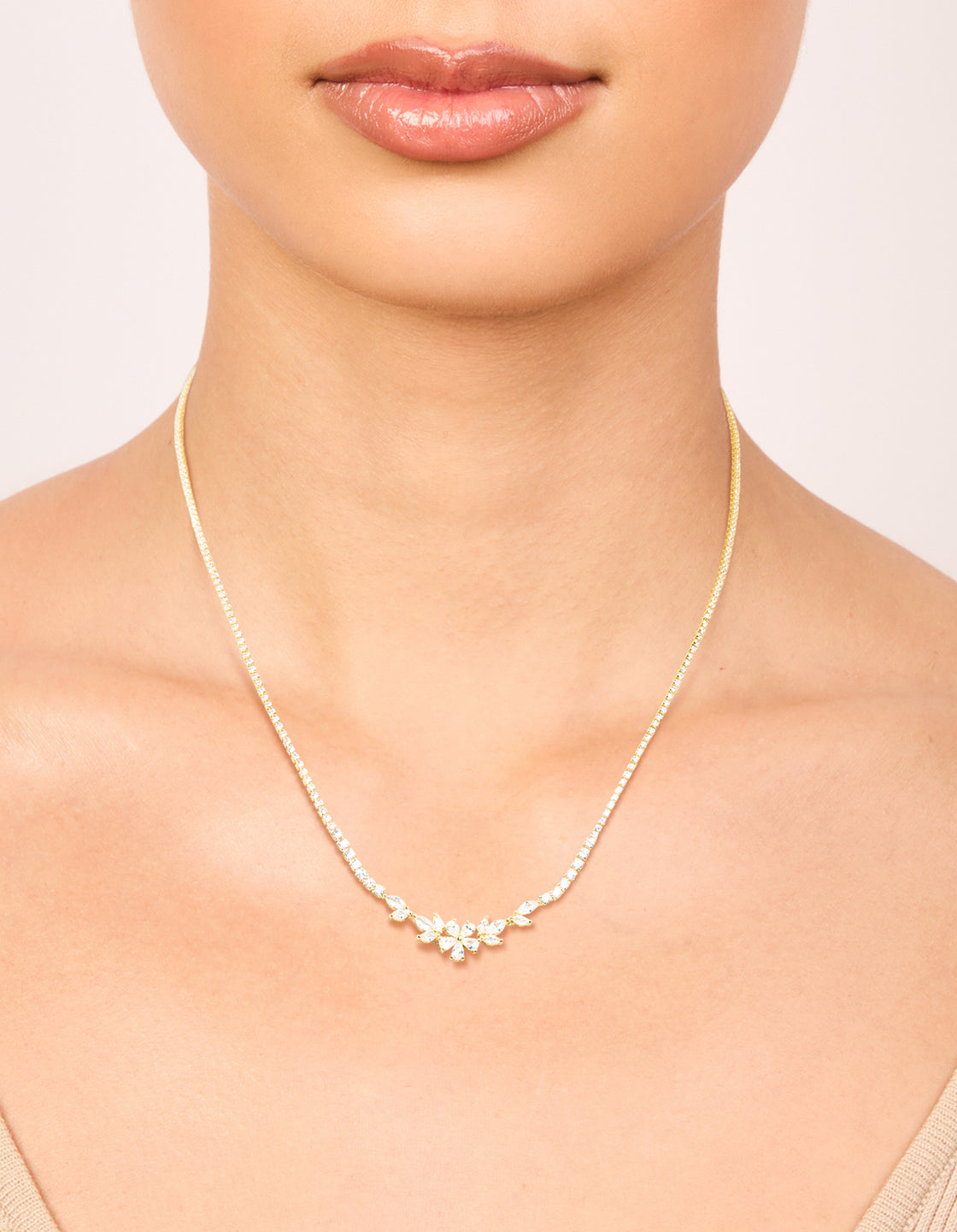 Gold Plated Cubic Zirconia Flower Cup Chain Necklace