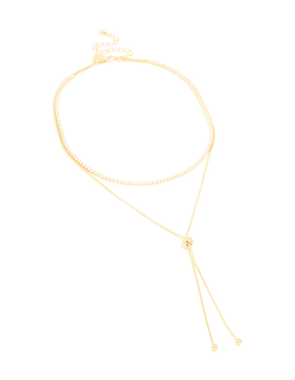 Gold Plated Cubic Zirconia Cup Chain & Snake Chain Y-Layered Necklace