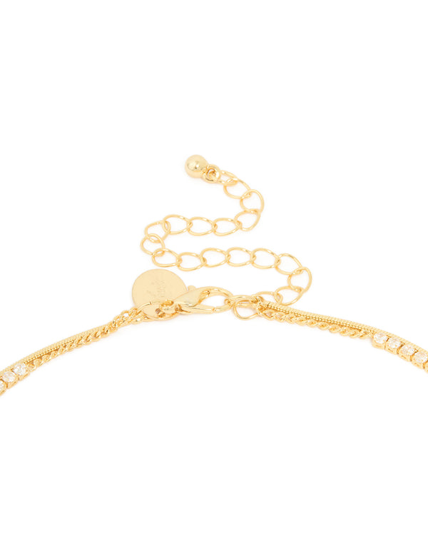 Gold Plated Cubic Zirconia Cup Chain & Snake Chain Y-Layered Necklace